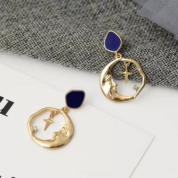 Moon Cross Blue Enamel Stone Crystal Gold Drop Statement Earrings - Picture 6 of 7